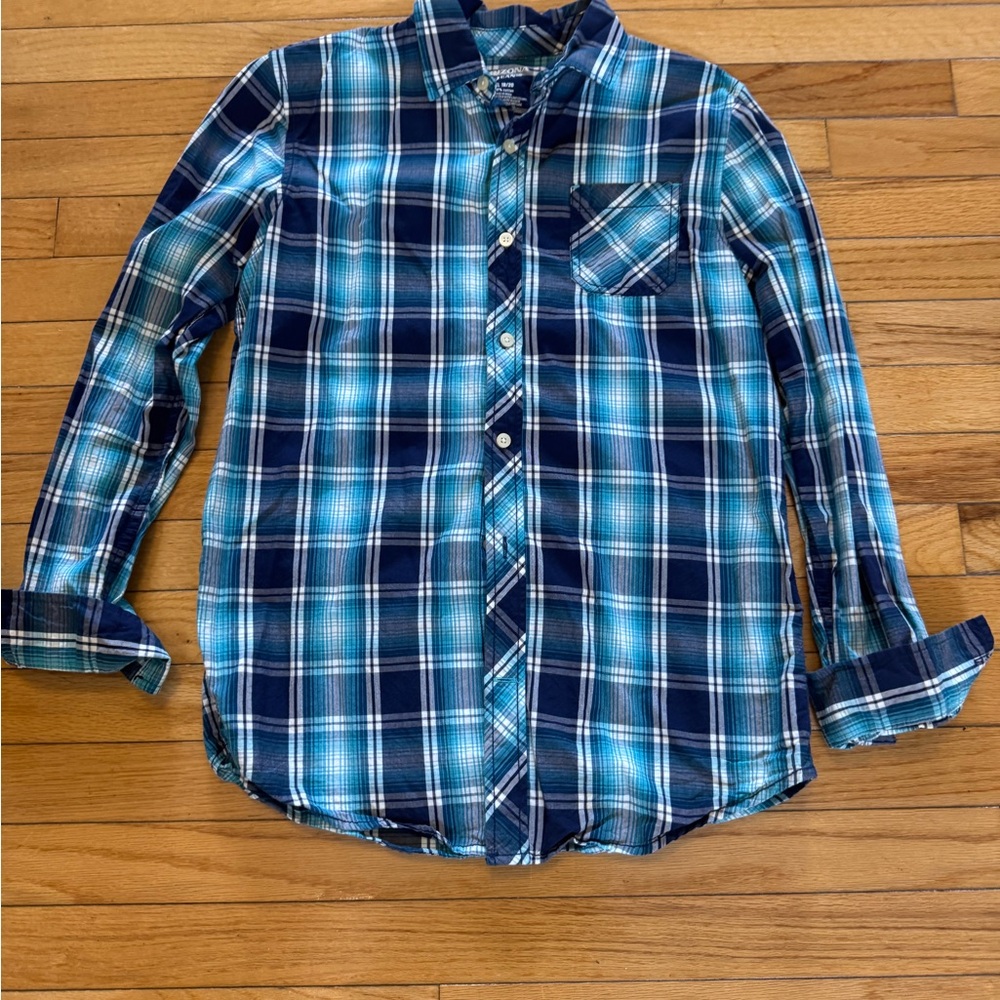 Arizona Jean Company Navy and Teal Plaid Shirt Boys Size 18/20